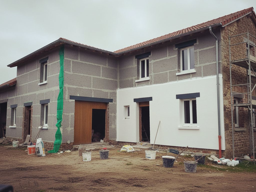 Installation de l'isolant et finition sur la façade de la ferme rénovée