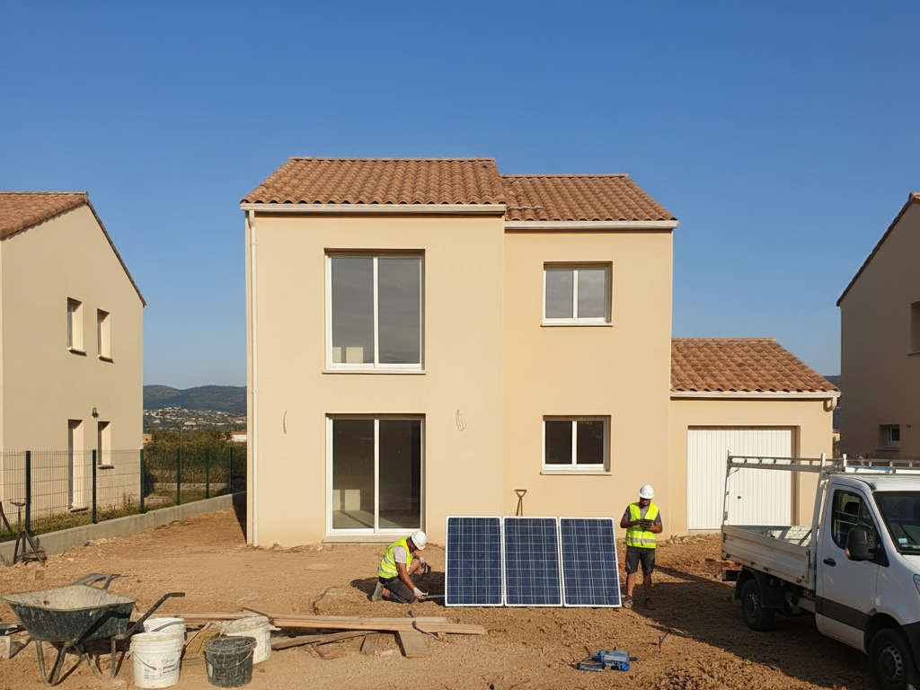 Détail de la finition des panneaux solaires intégrés sur la toiture